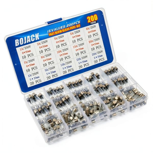 BOJACK Fast-Blow Glass Fuse Assortment Kit 200pcs 5x20mm & 6x30mm 250V-1