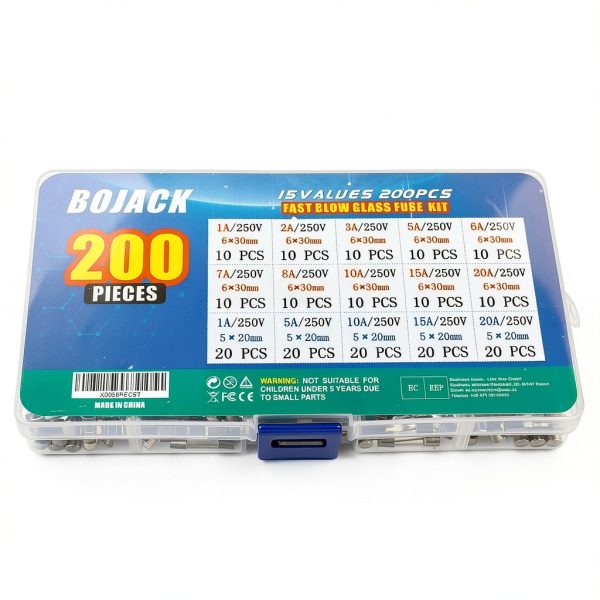 BOJACK Fast-Blow Glass Fuse Assortment Kit 200pcs 5x20mm & 6x30mm 250V-2